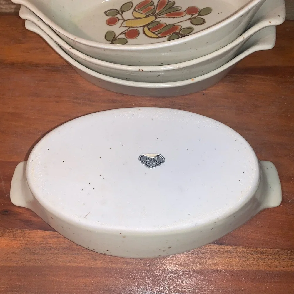VTG Otagiri Japan Au Gratin Casserole Dish Speckled Stoneware Set 4 Bird Berries